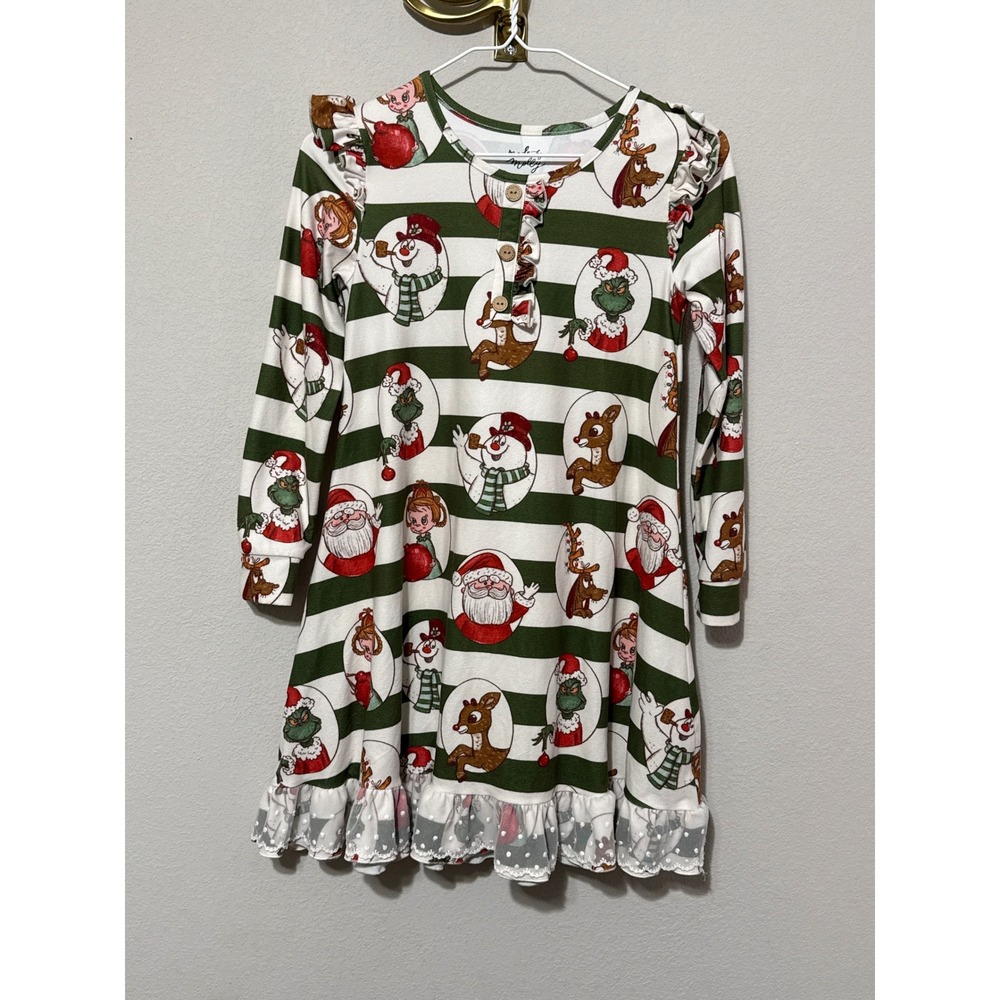 Made By Molly Christmas Dress Girls 10 Green White Striped Ruffle Holiday Print
